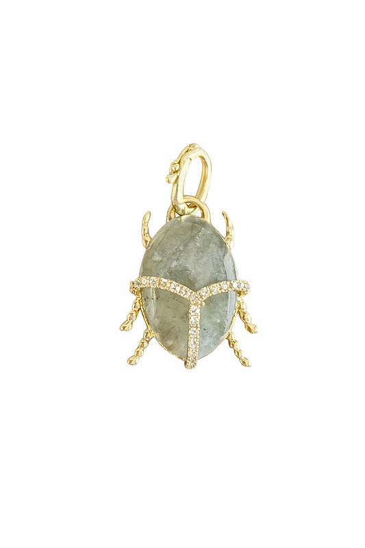14K Gold Diamond Beetle Pendant with Natural Green-Blue Cabochon Stone