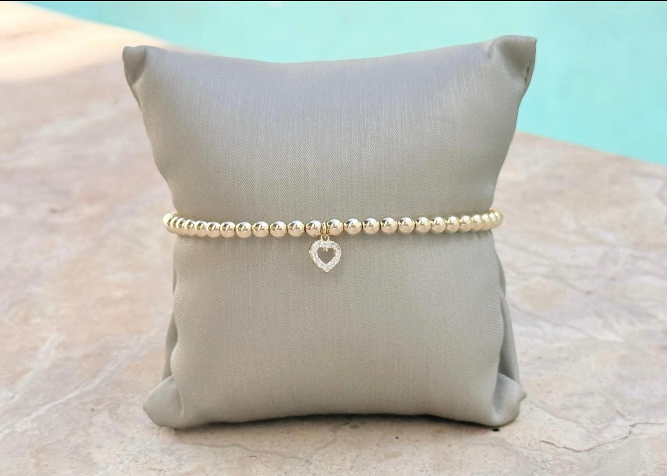 Gold Filled Beads 14K Gold CZ Heart Charm Elastic Bracelet