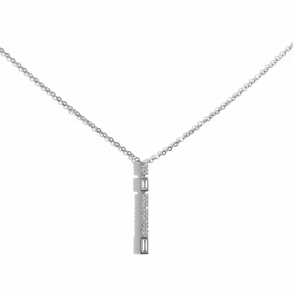 Single Linear Baguette Bezel Pave Necklace